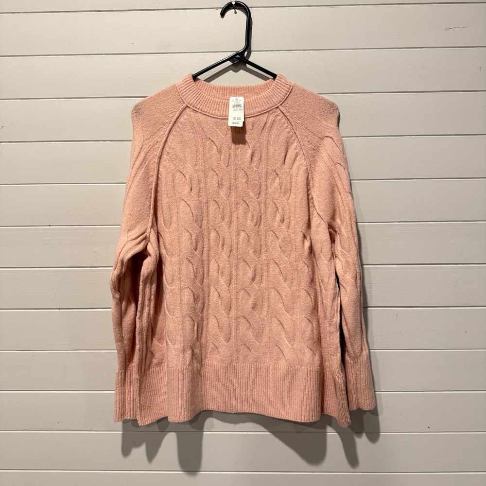 Aerie Cable Knit Sweater Womens XS Peach Pink Crewneck Relaxed Side Slit NWT